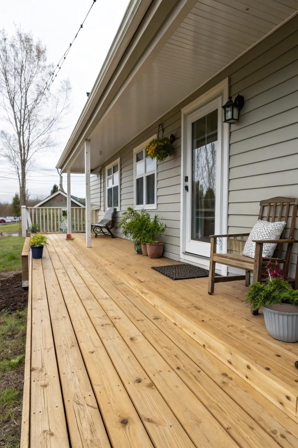 Pressure treated pine is a durable and cost-effective porch flooring choice.