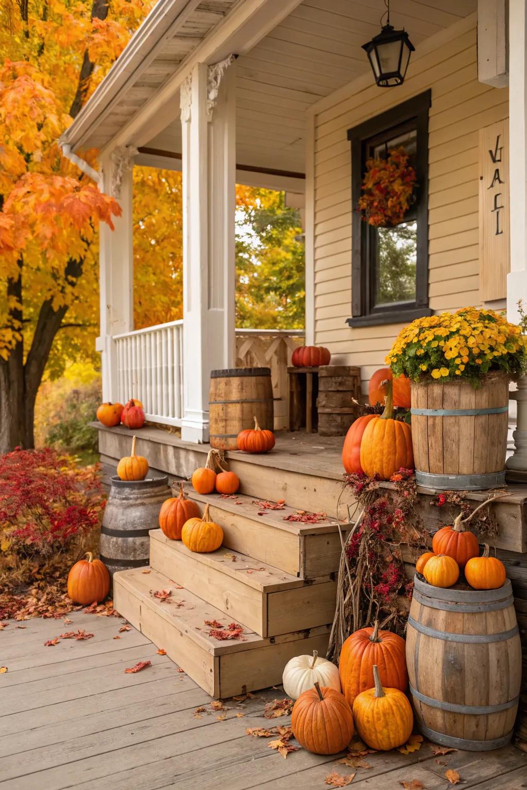 Timber details heighten the countryside allure of pumpkin ornamentation.