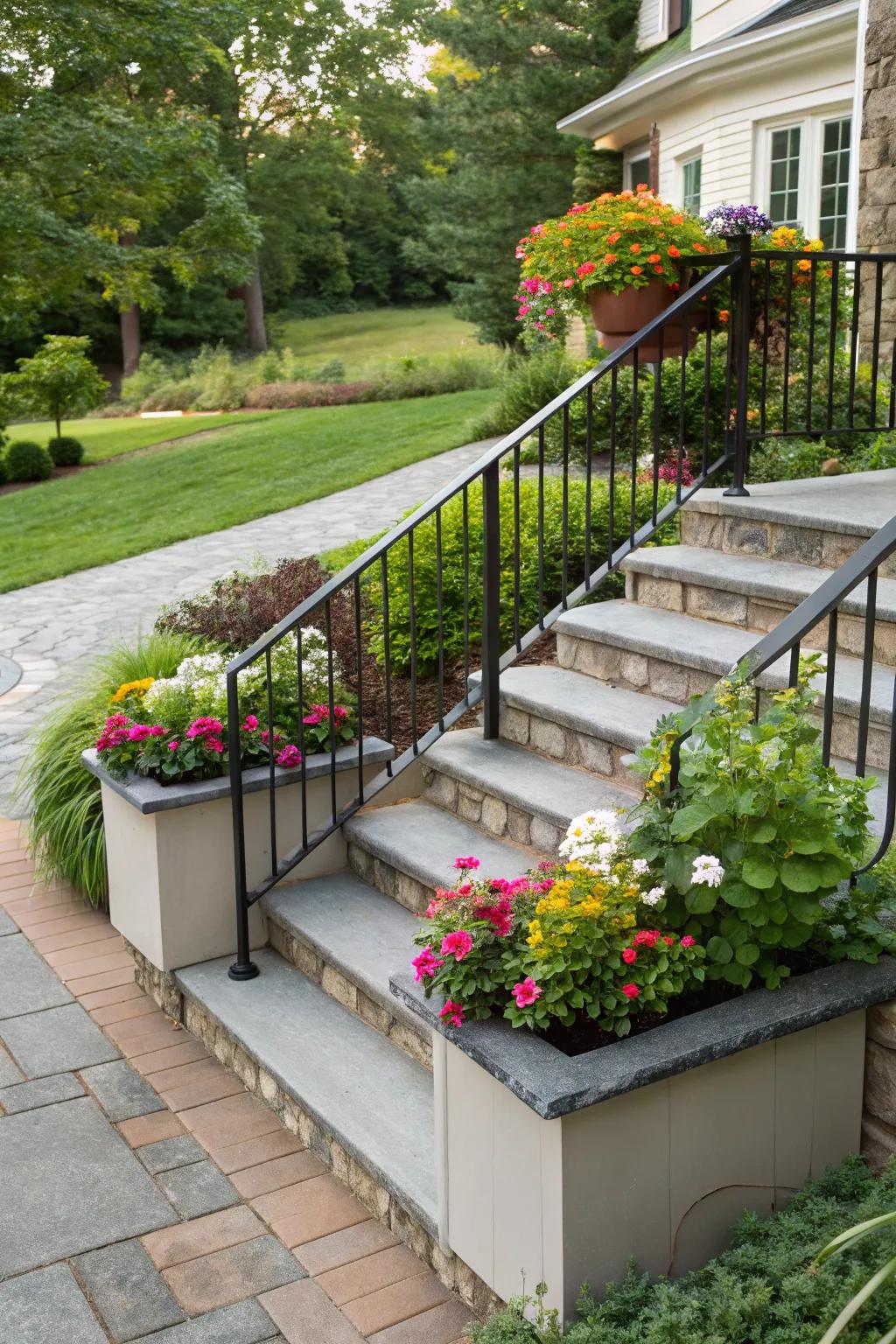 Flower boxes on railings add color and vibrancy to your entrance.