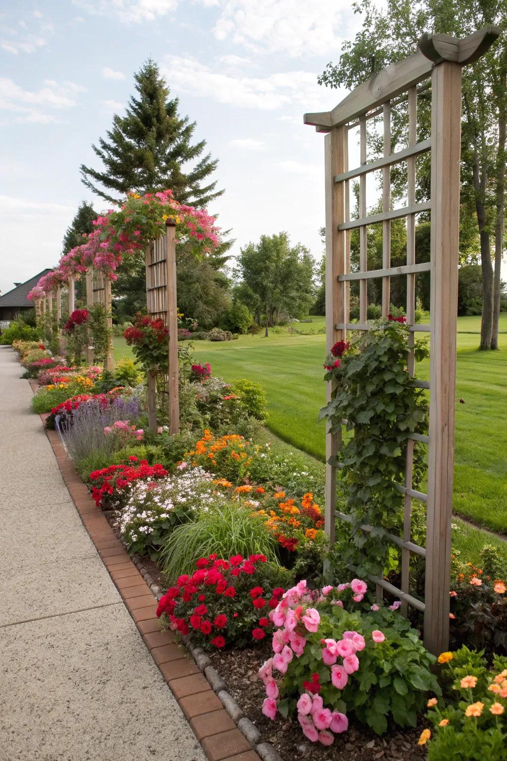 Add upward appeal using trellises in your flower beds.