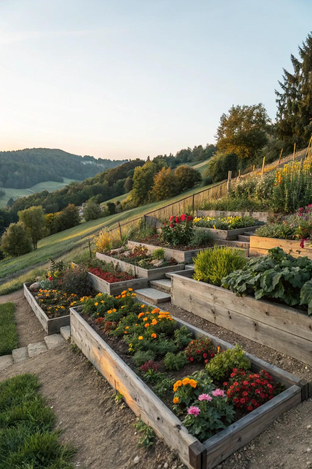 Layered planters simplify gardening on a slope.