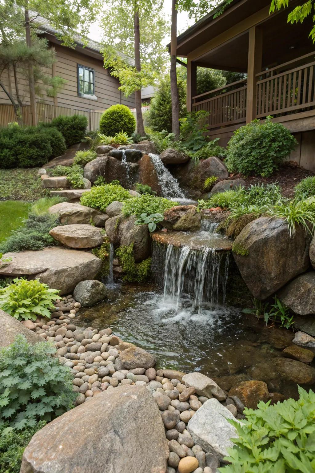 A small waterfall integrated into a front yard stone garden.