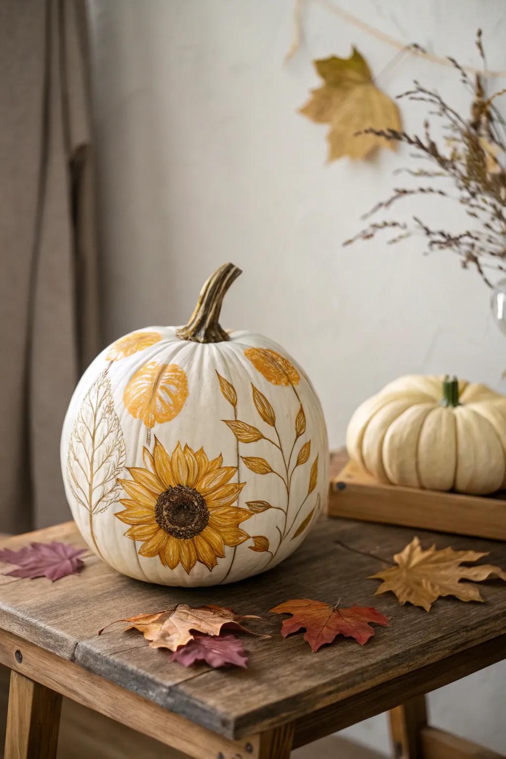 Introduce a touch of summer into autumn with this captivating sunflower-painted pumpkin. 🌻🍂 #NatureInspired #MinimalistBeauty