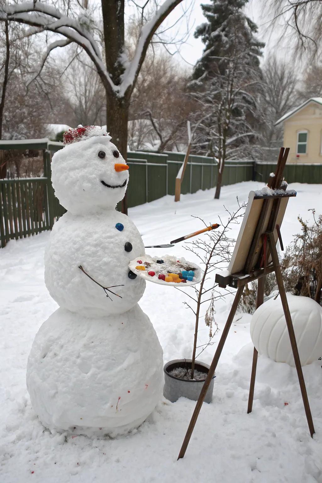 A snow figure artist poised to capture the winter scene.