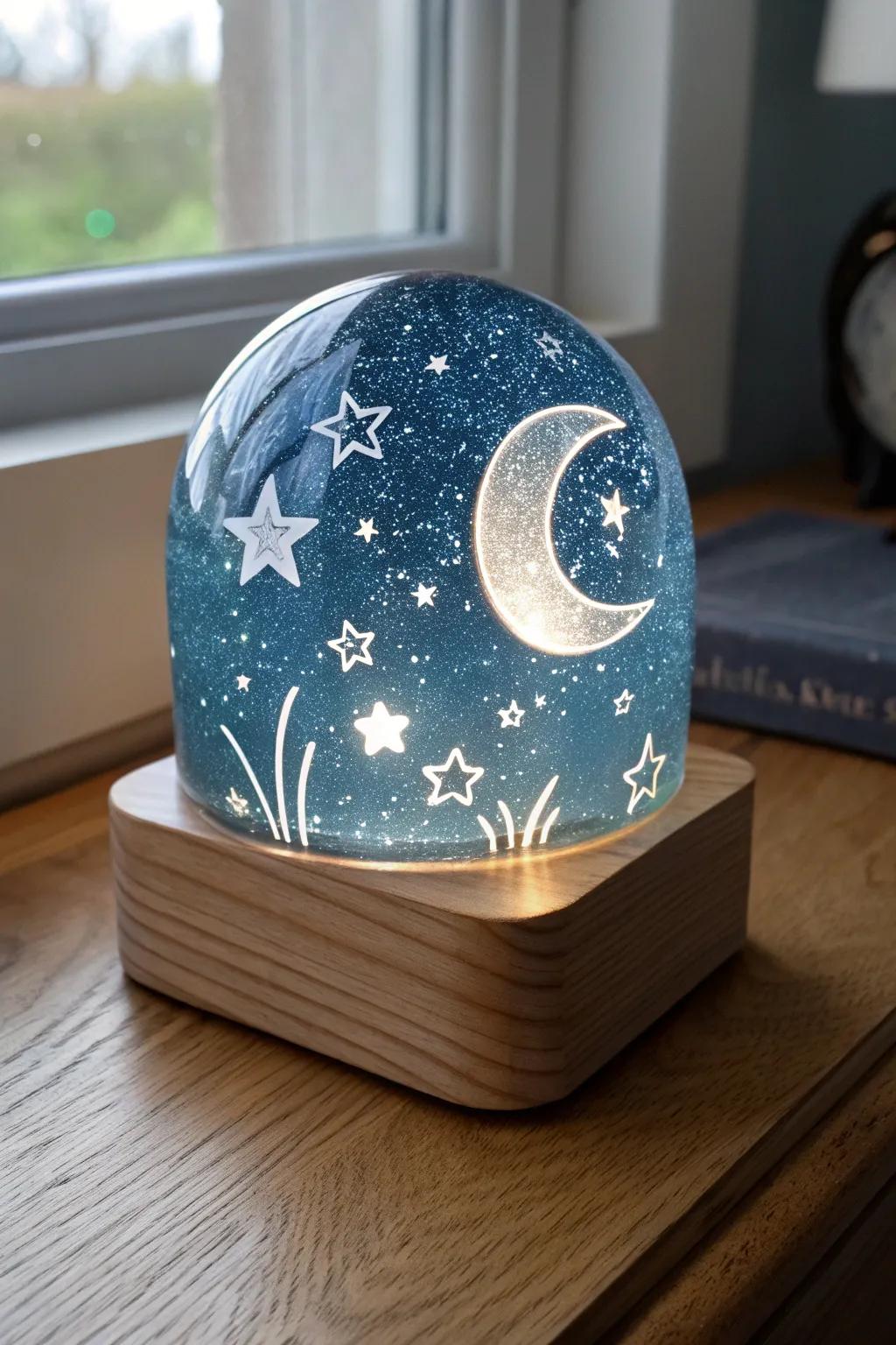Illuminate your nights with a hint of the cosmos. This handcrafted fused glass night light introduces the starry sky indoors with minimalist refinement.