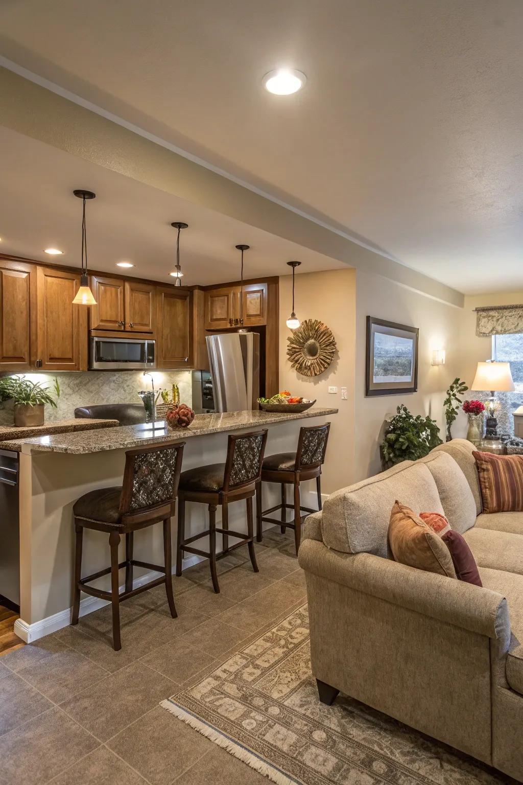 Varied seating arrangements suit different moods and occasions.