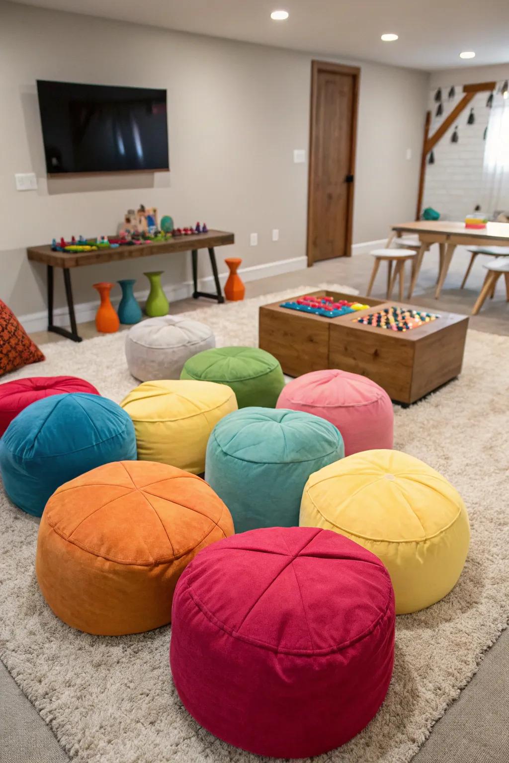 Lively poufs create energy and more seating inside your gaming room.