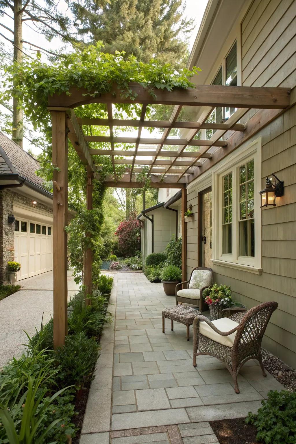 An attractive breezeway connecting the garage and the house.