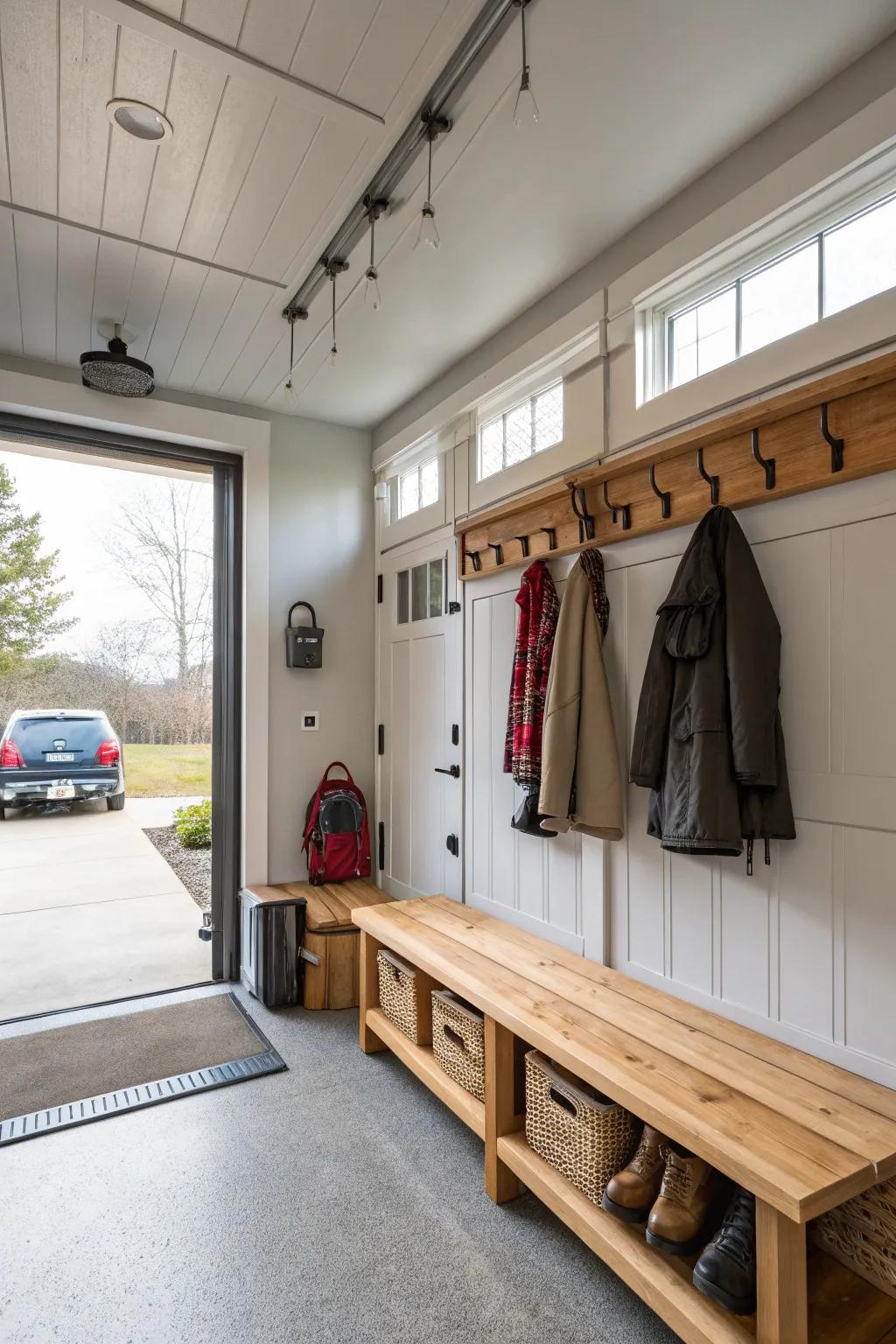 A mudroom-inspired entryway maintains the garage's organization and functionality.