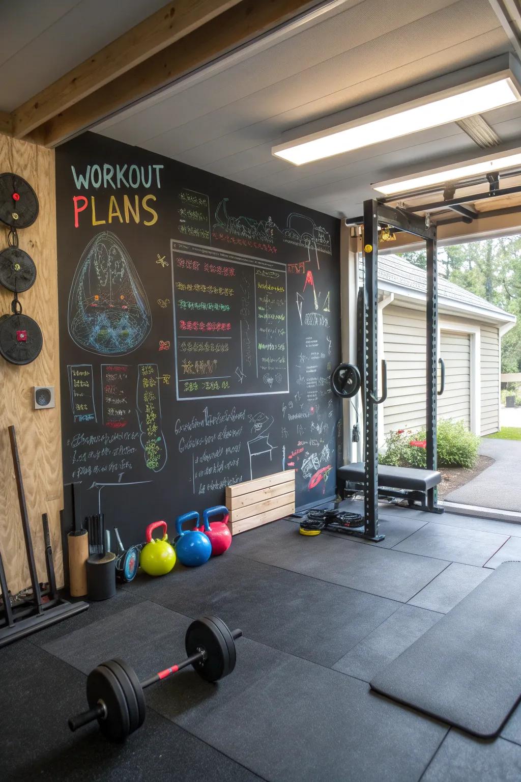 Blackboard partitions provide area for exercise plans and motivation.