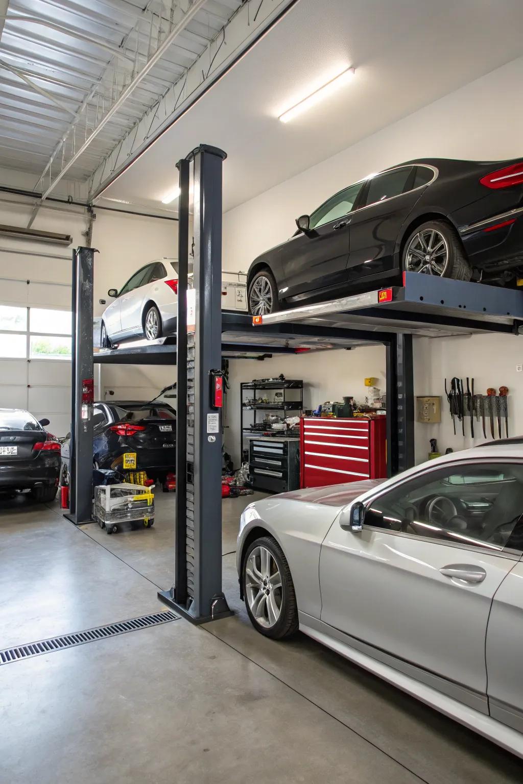 Car collections are efficiently managed with multi-vehicle storage lifts.