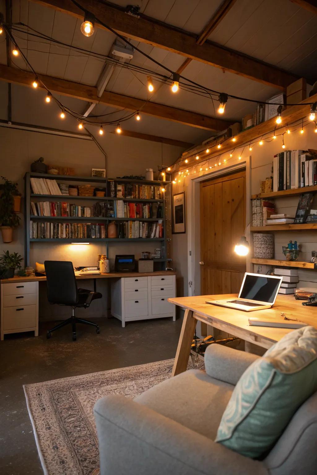 Ambient lighting enhances the atmosphere in your garage office.