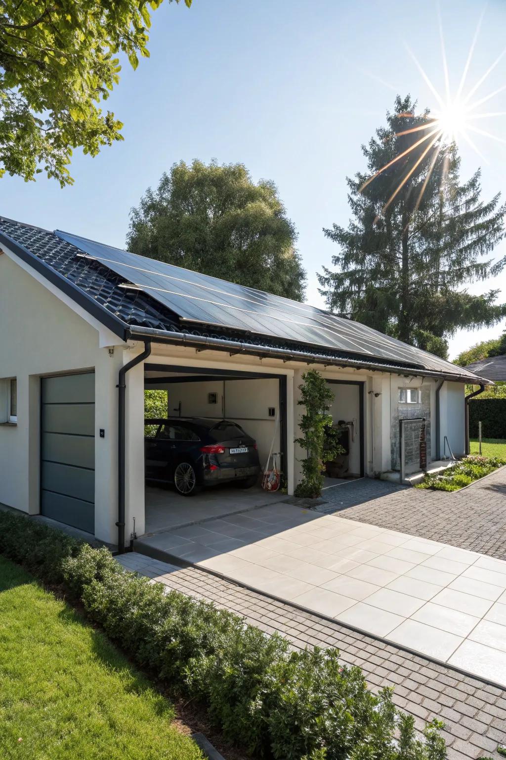 Solar panels seamlessly integrated into a garage roof extension.