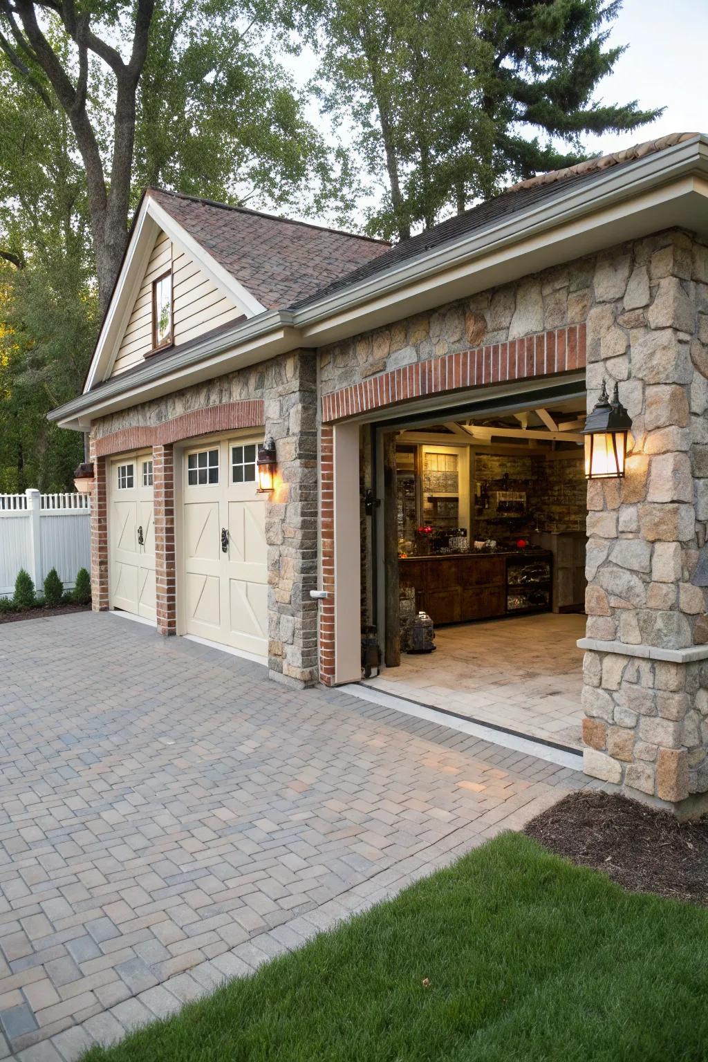 Earthy rock and brick accents for garage trim.