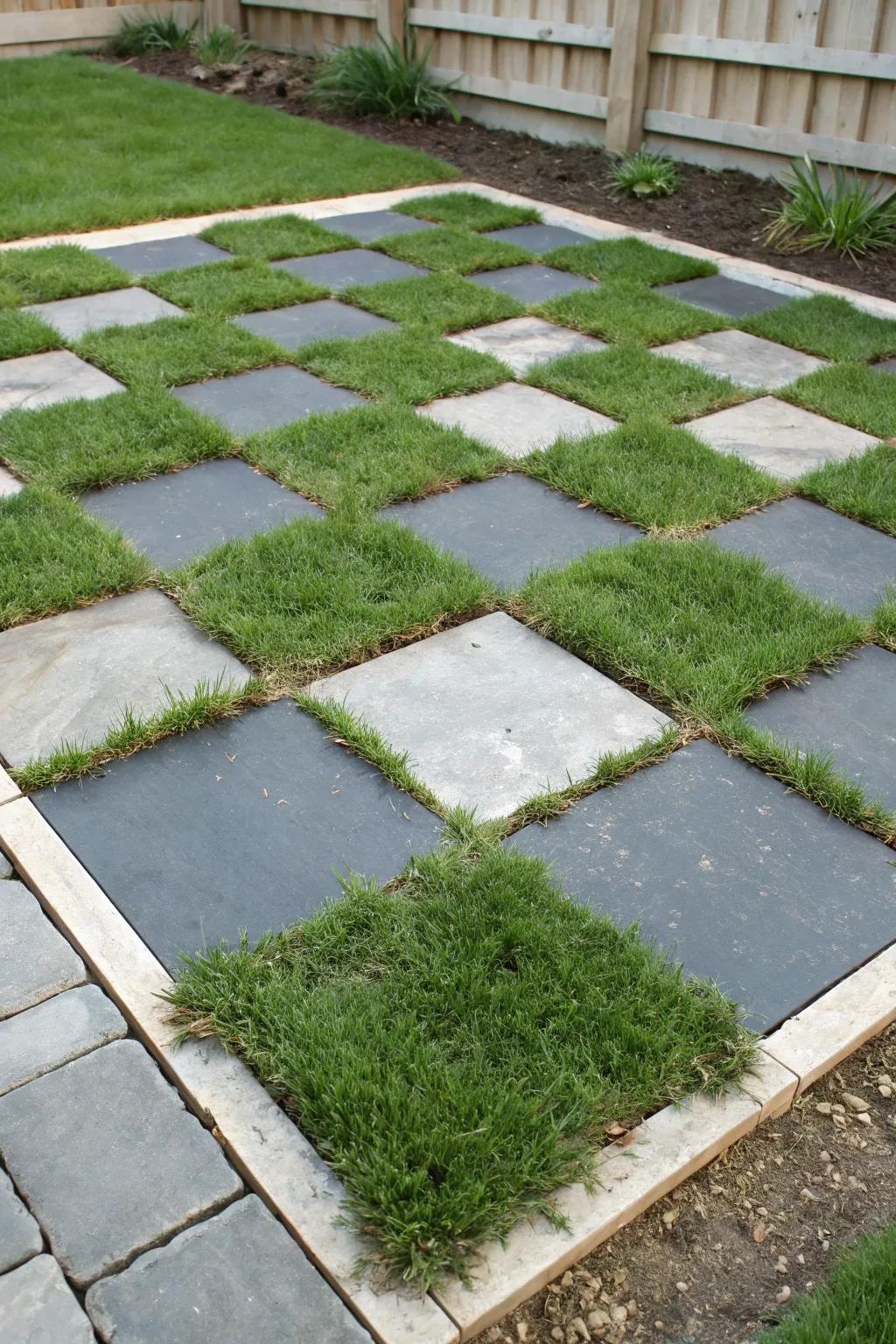 Impart a spirited flair to your garden through a chessboard design employing stone fragments.