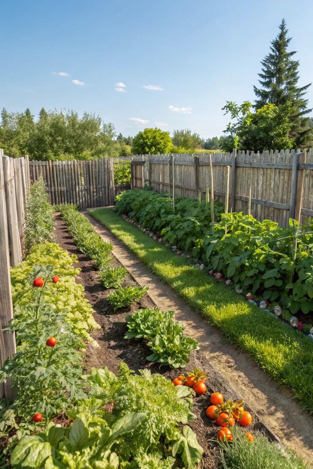 A traditional vegetable garden featuring neatly organized rows.