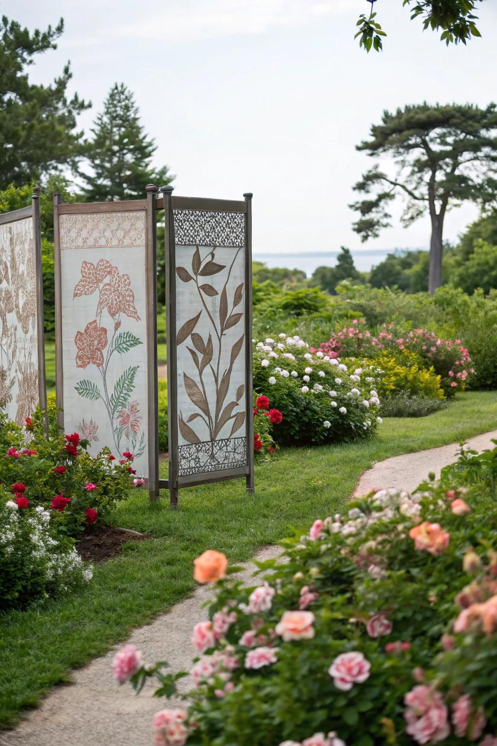 Artistic screens can act as a focal point within a garden.