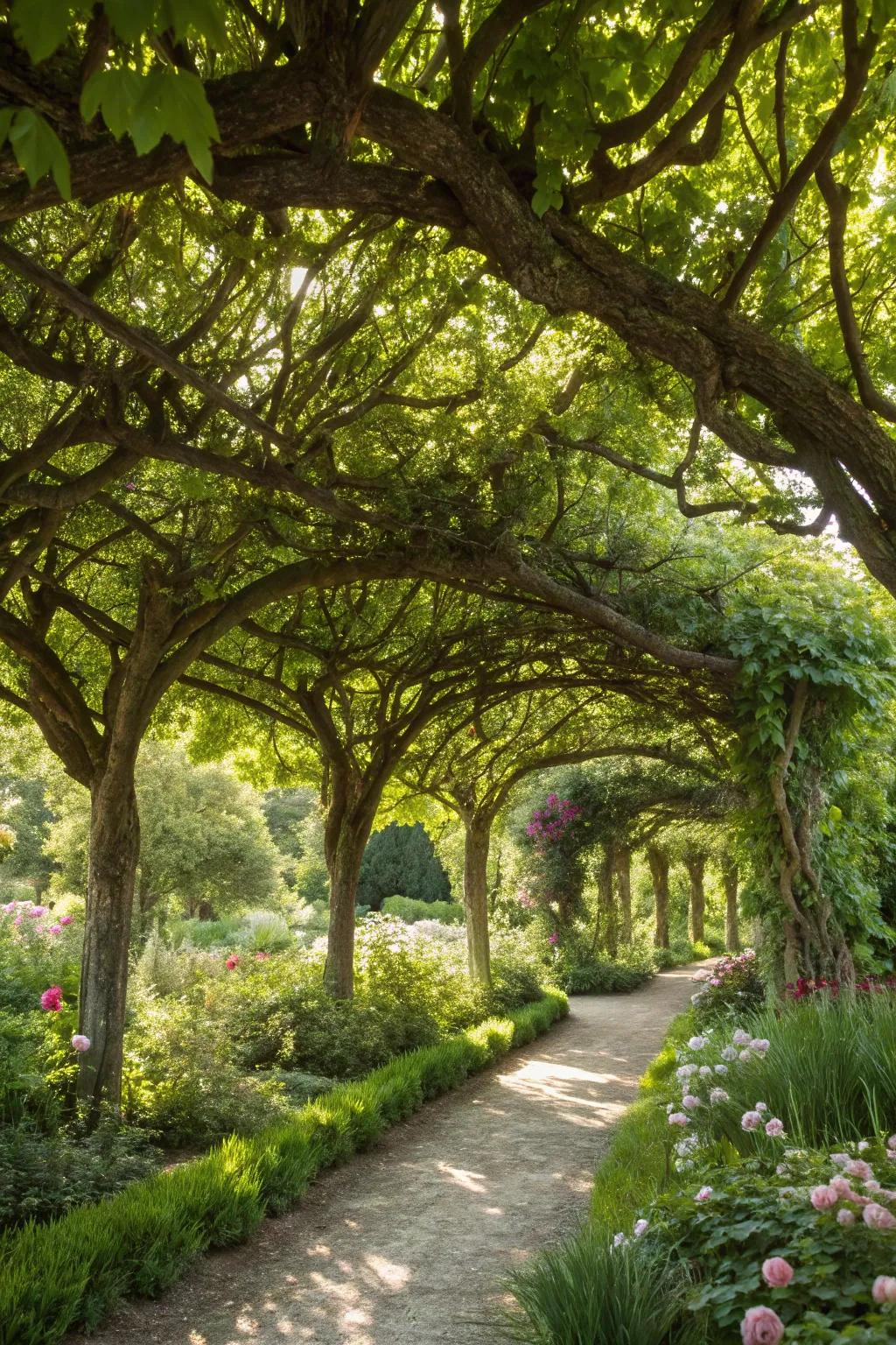 A garden retreat showcasing tree canopies that organically form a natural ceiling.