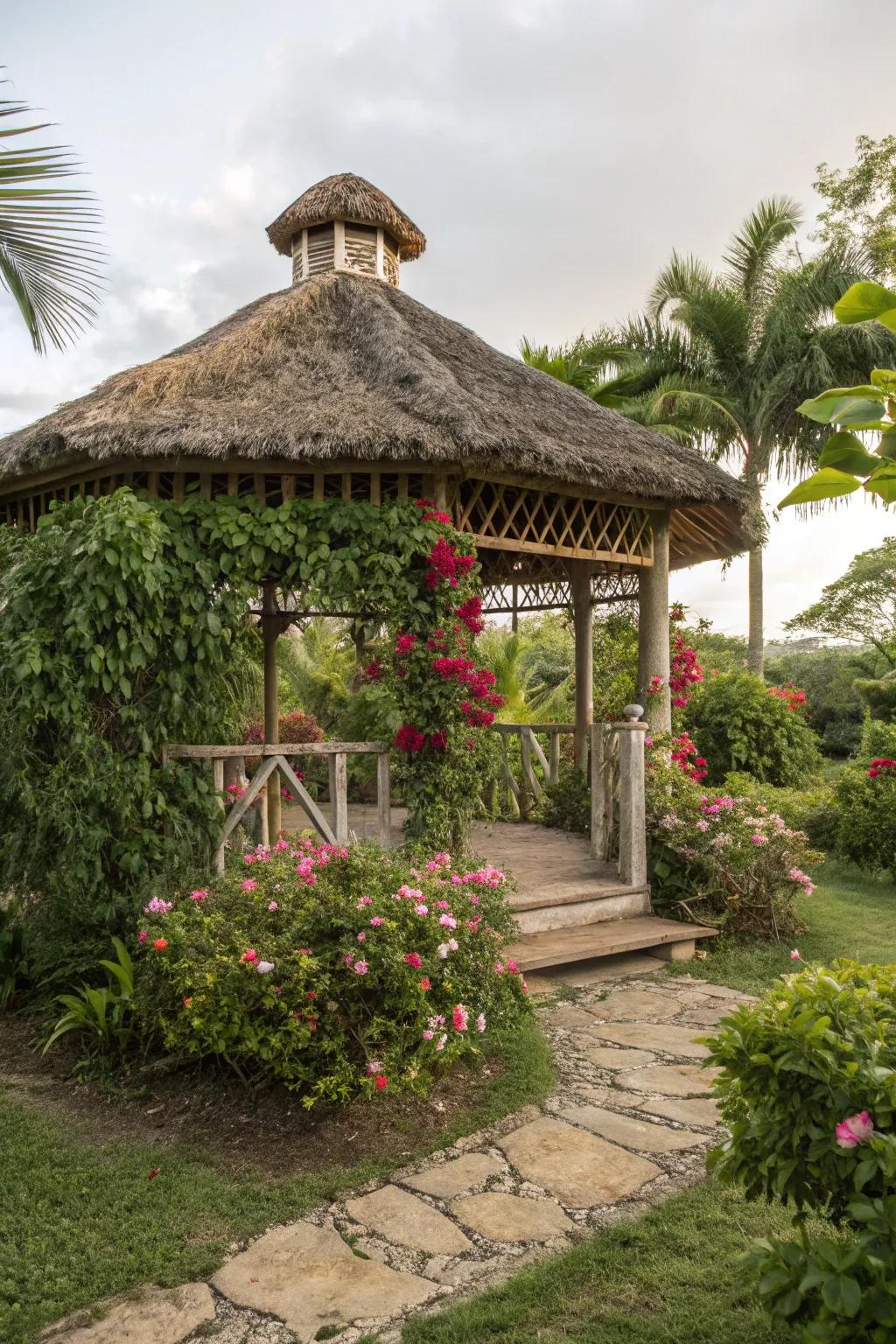 A gazebo with a thatched roof, ideal for a tropical garden escape.