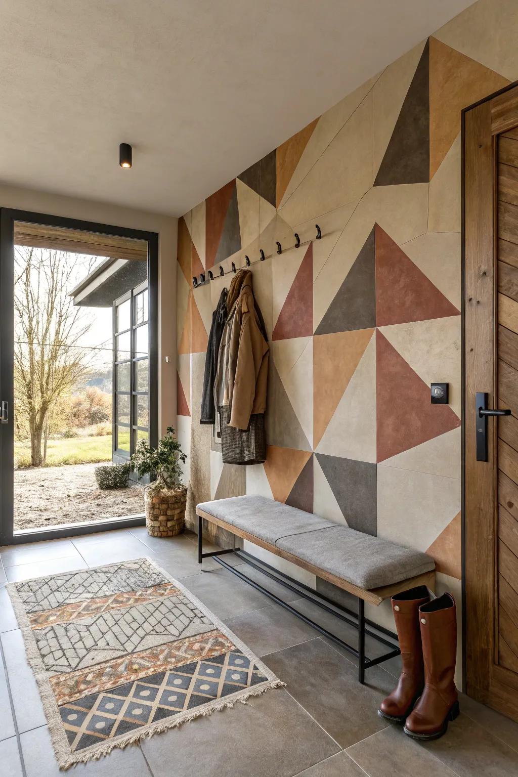 An entryway showcasing distinctive asymmetrical geometric wall designs.