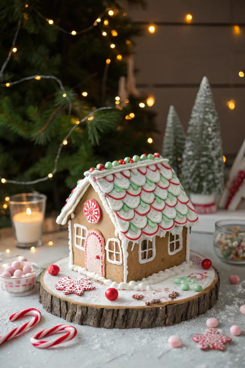 A gingerbread rooftop featuring peppermint crust shingles.
