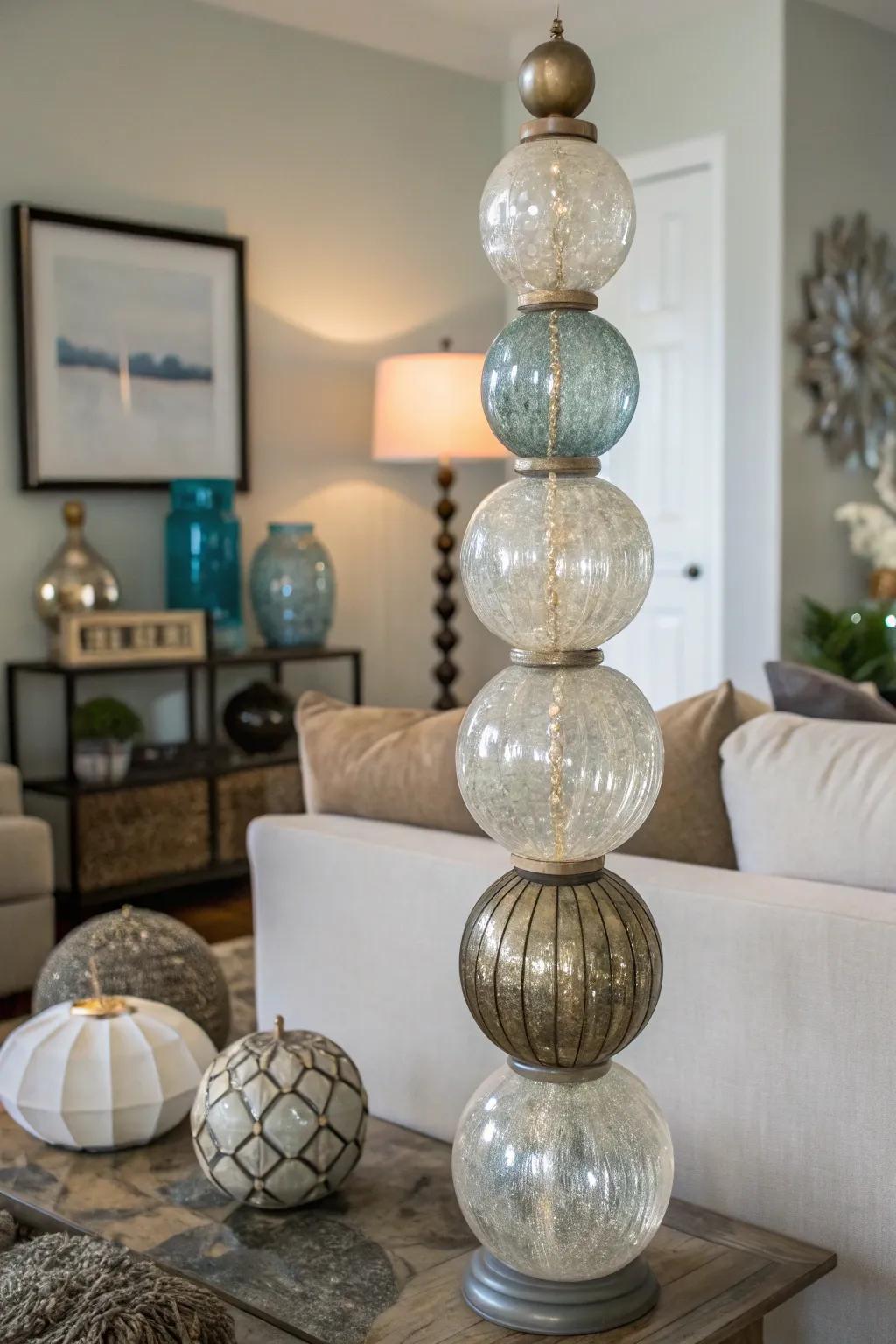 With stacked reflective spheres, make a vibrant sculpture.