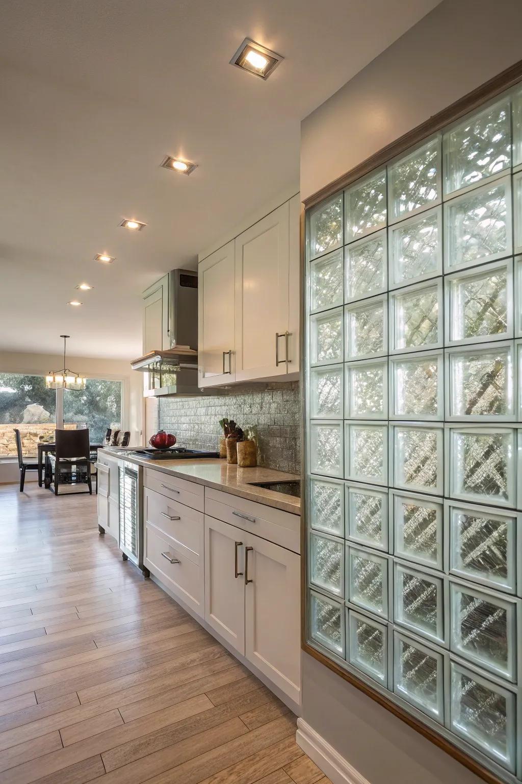 A kitchen featuring a stylish and bright glass brick backsplash.