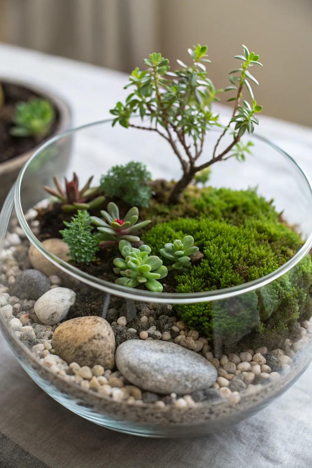 A charming scaled-down garden within a glass bowl.