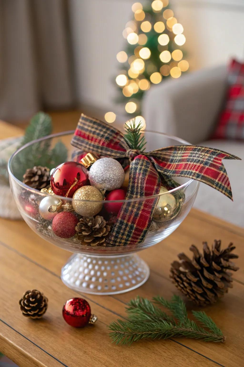 Plaid ribbons contribute a snug nuance to a clear vessel.