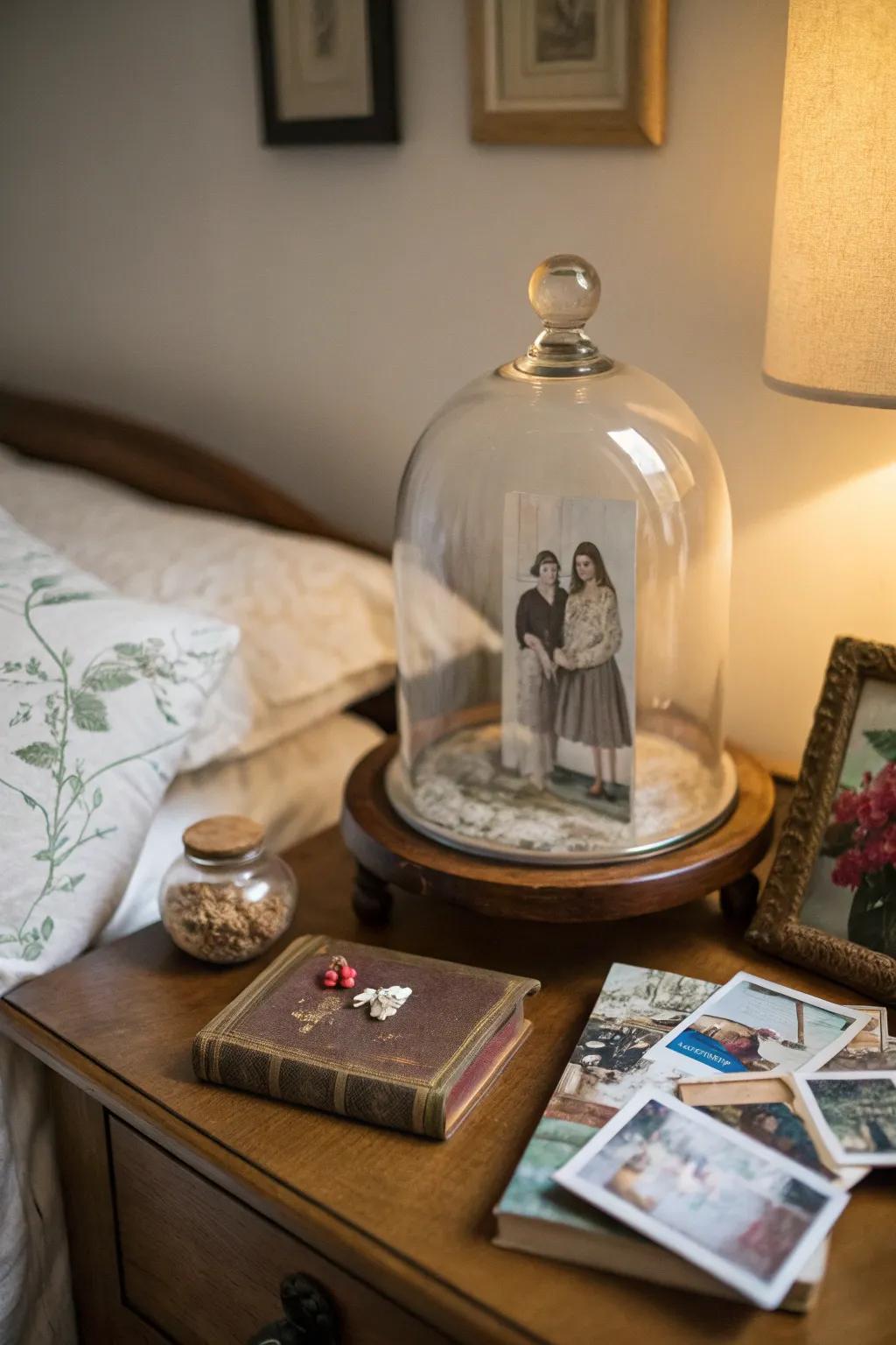 A family picture and antiques produce an individual display screen under a glass dome.