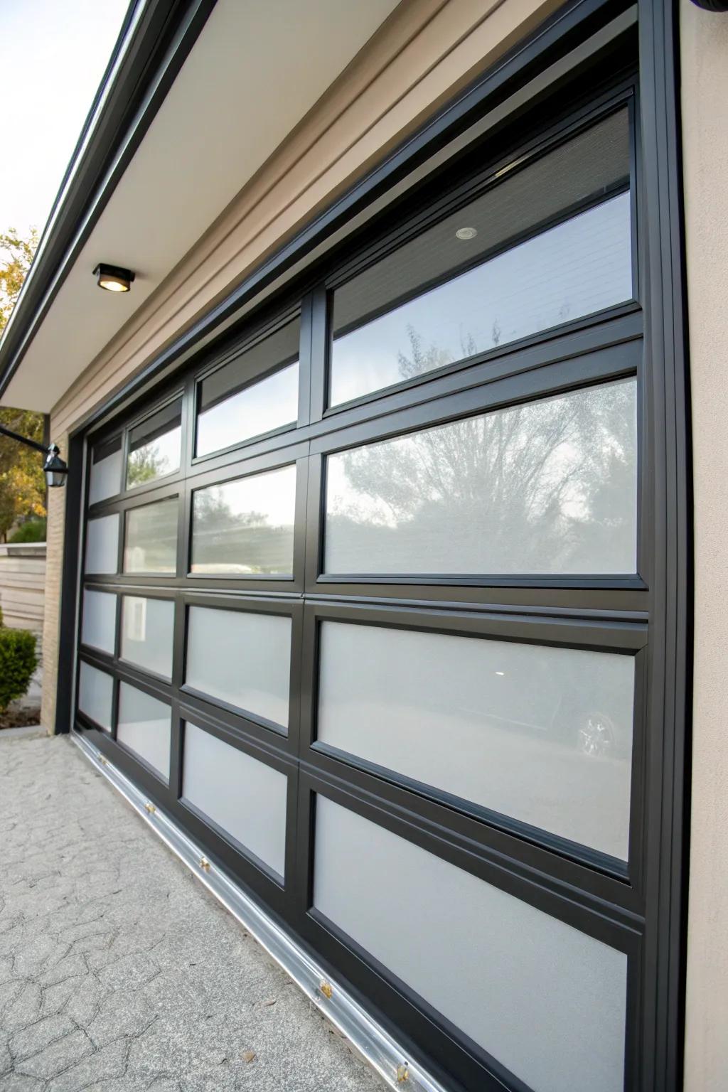 An energy-conserving glass garage door featuring insulated glass.