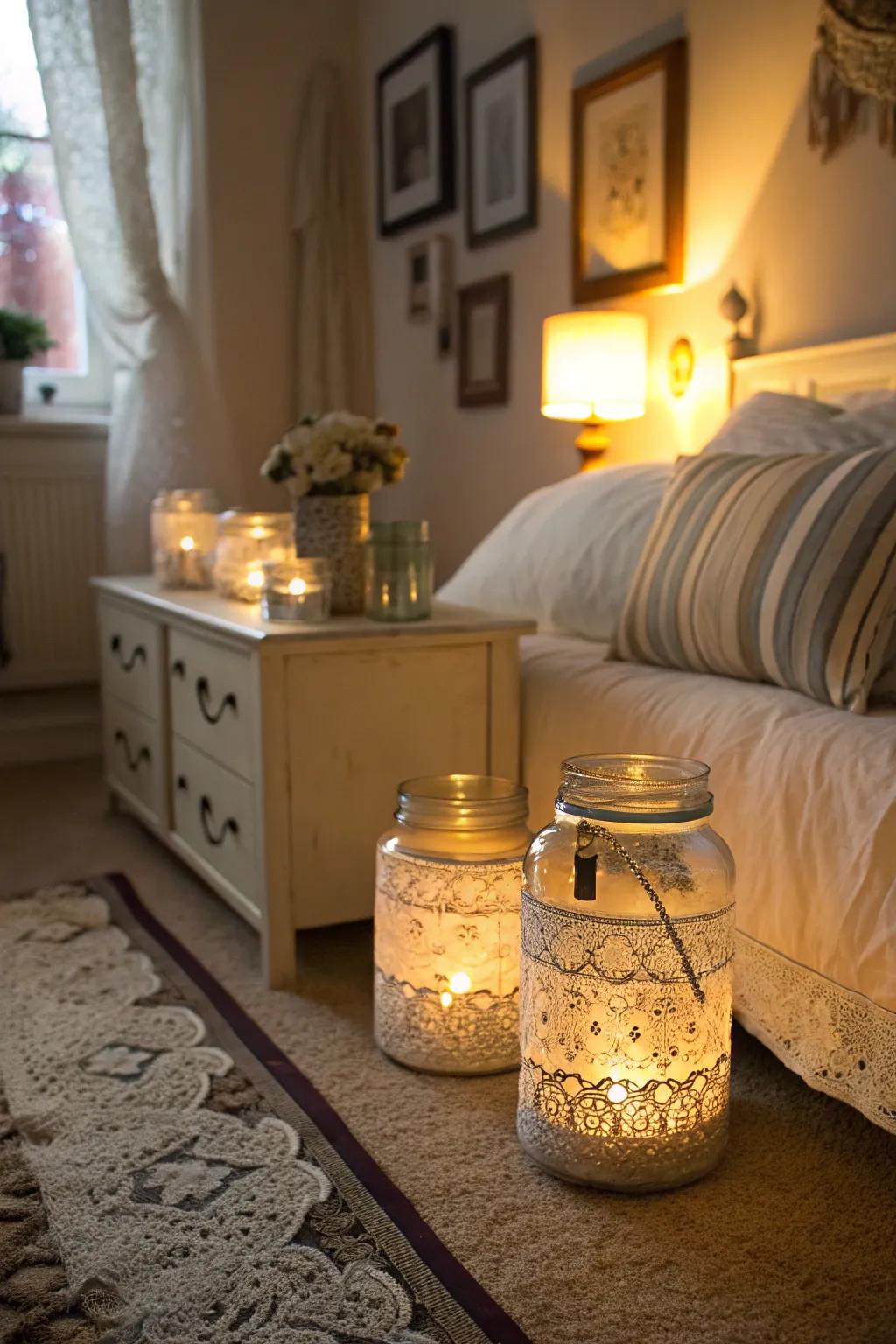 Lace-enclosed containers create a romantic and gentle radiance.