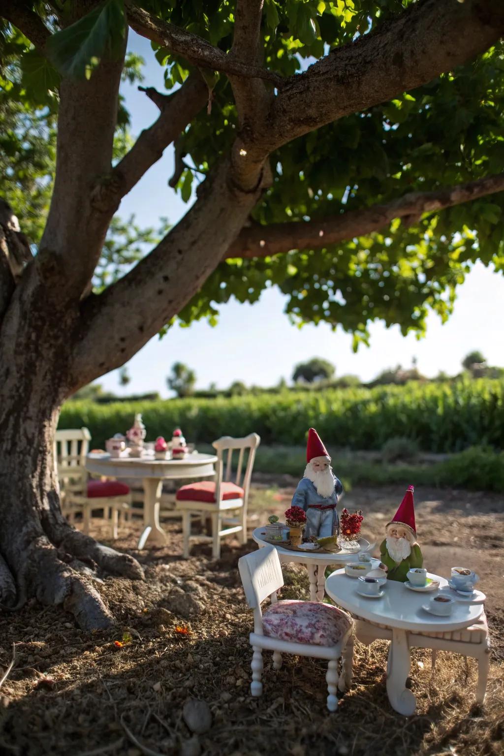 A charming gnome tea gathering beneath the oak.