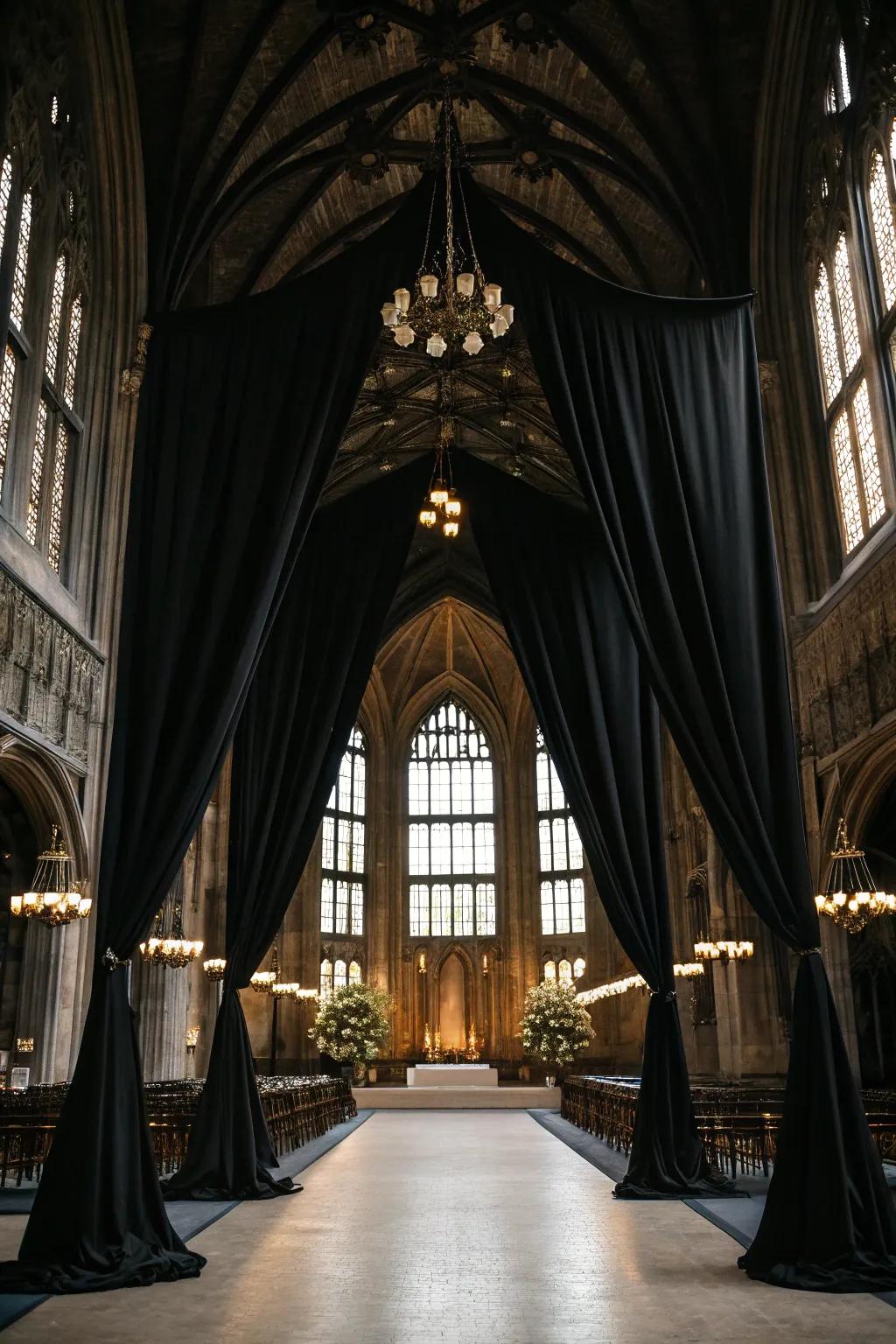 A gothic wedding venue showcasing stylish shadowy drapery.