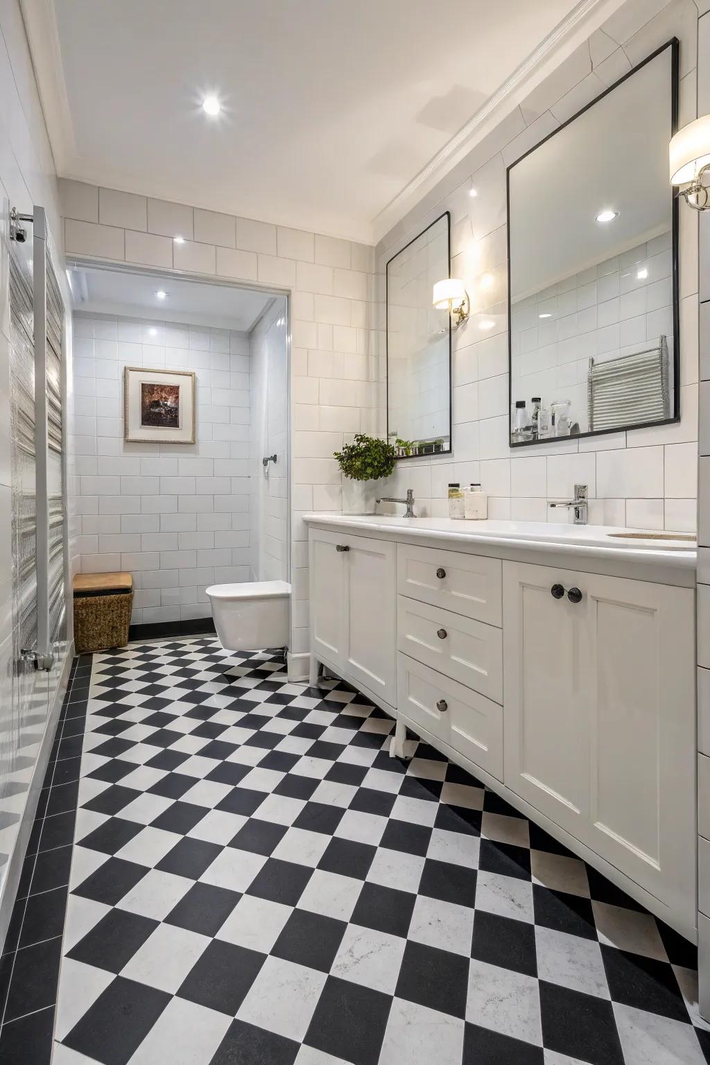 Daring floor tiles create a striking statement in this gothic bathroom.