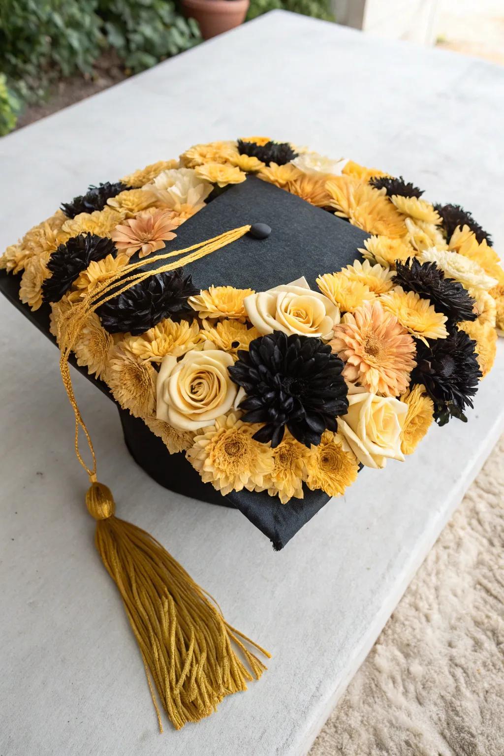 A creative graduation cap blossom display.