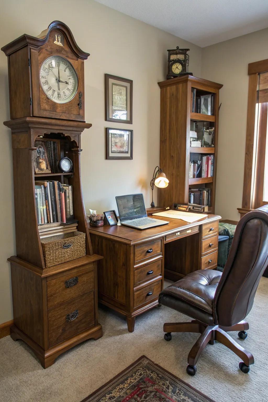 A tall case clock enhances the elegance of a home office space.
