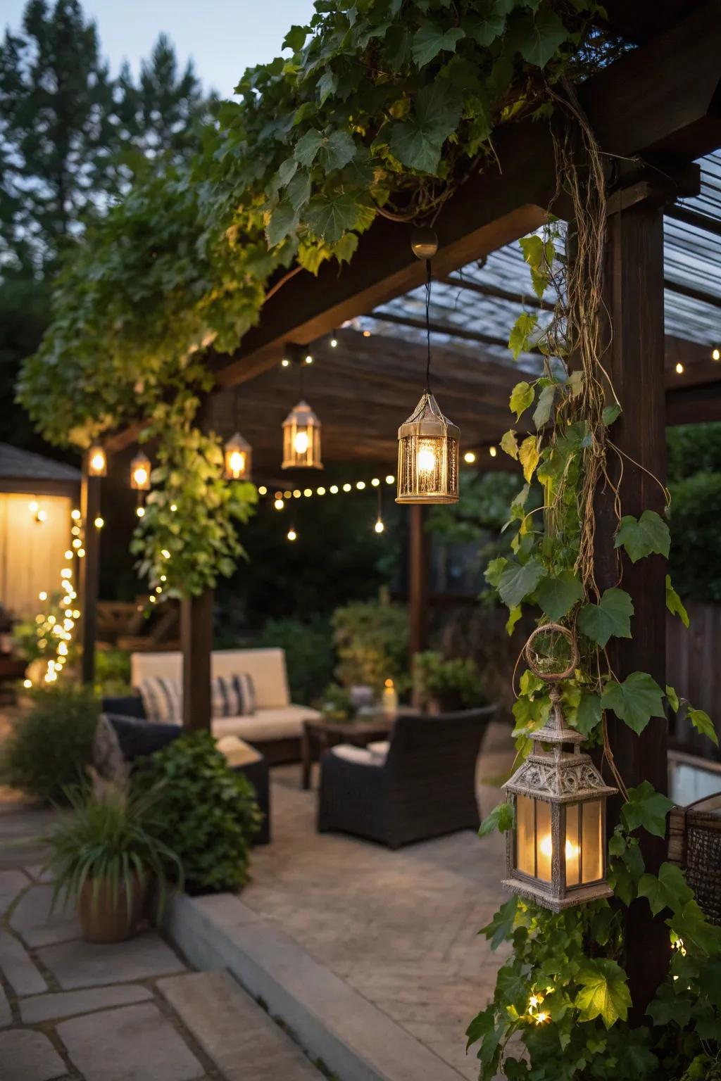 An inviting exterior entertaining space with a grapevine arrangement.