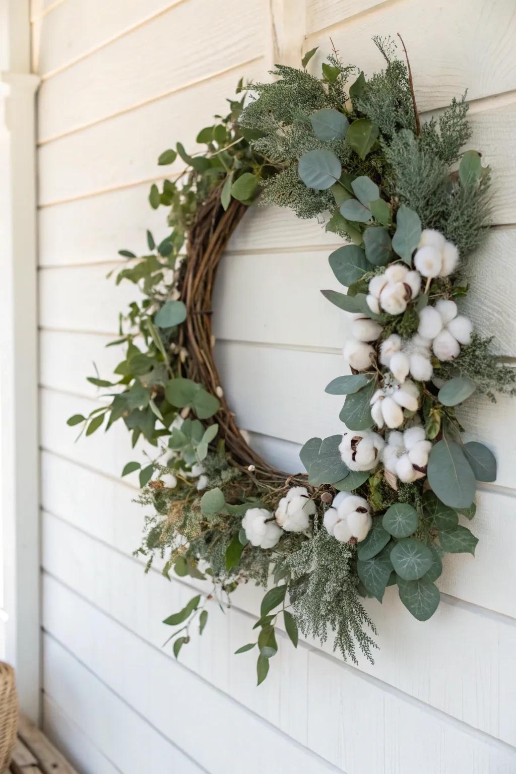 A farmhouse style grapevine wreath showcasing fiber bundles.