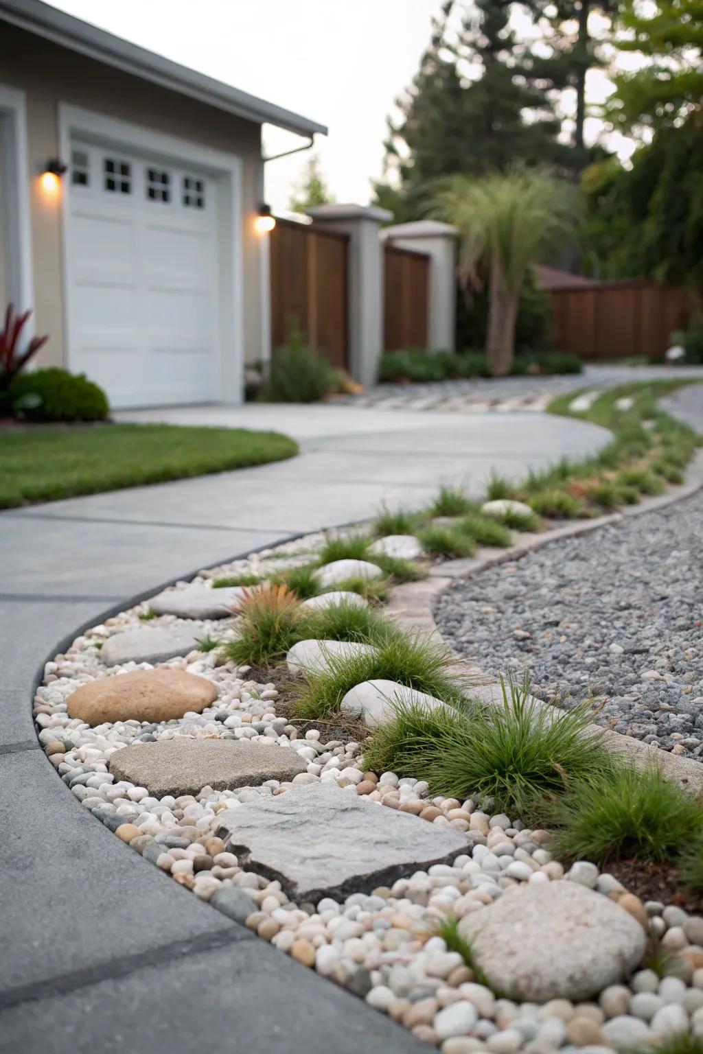 A serene Zen garden effect featuring pebbles and turf.