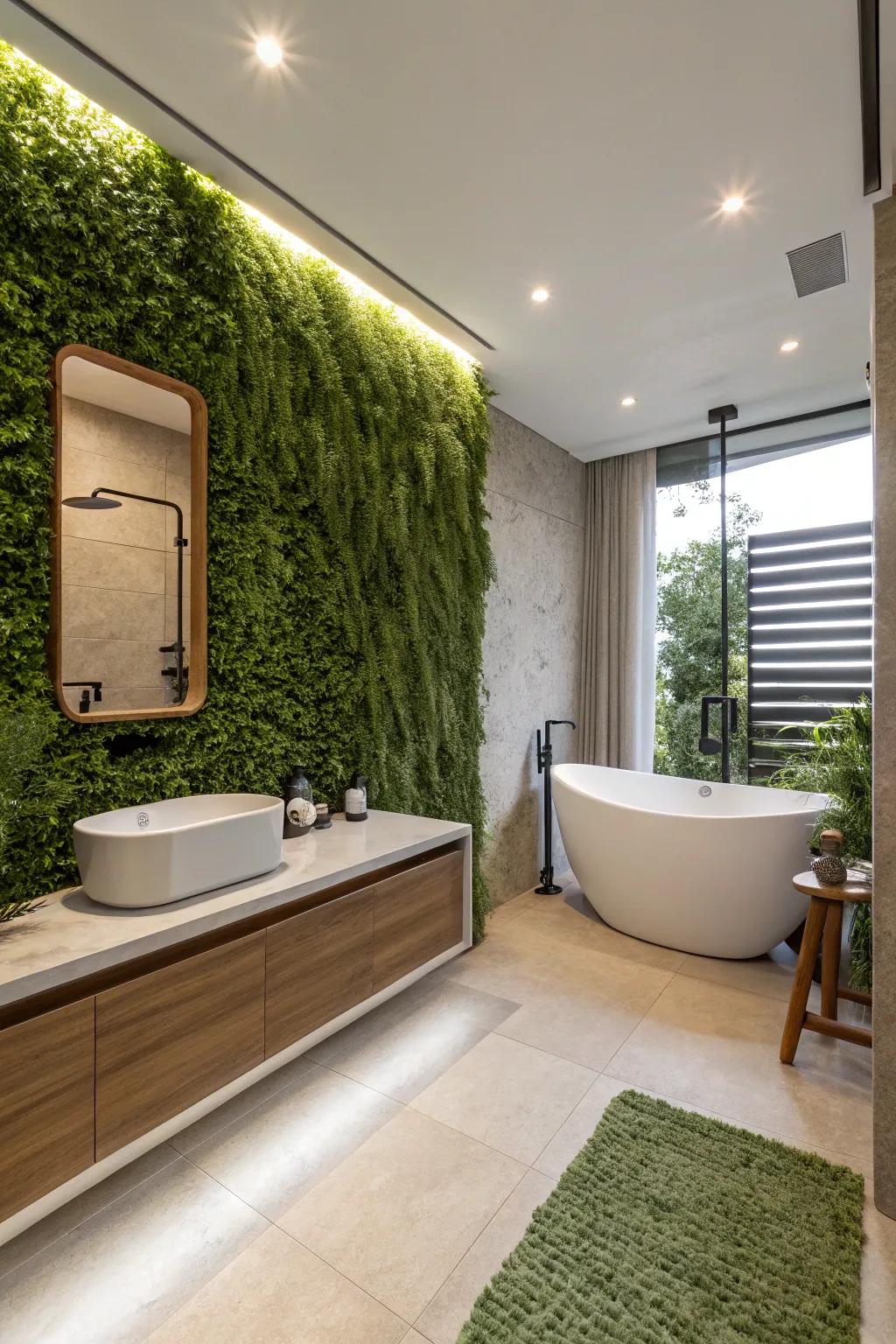 A serene lavatory showcases a grass wall, delivering a spa-resembling encounter domestically.