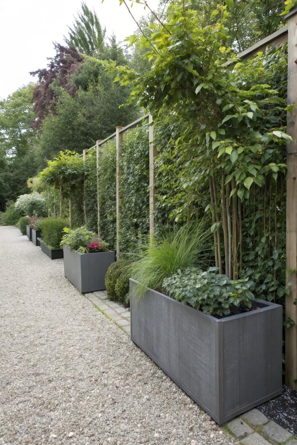 Lofty vessels offer seclusion and structure within a gravel garden.
