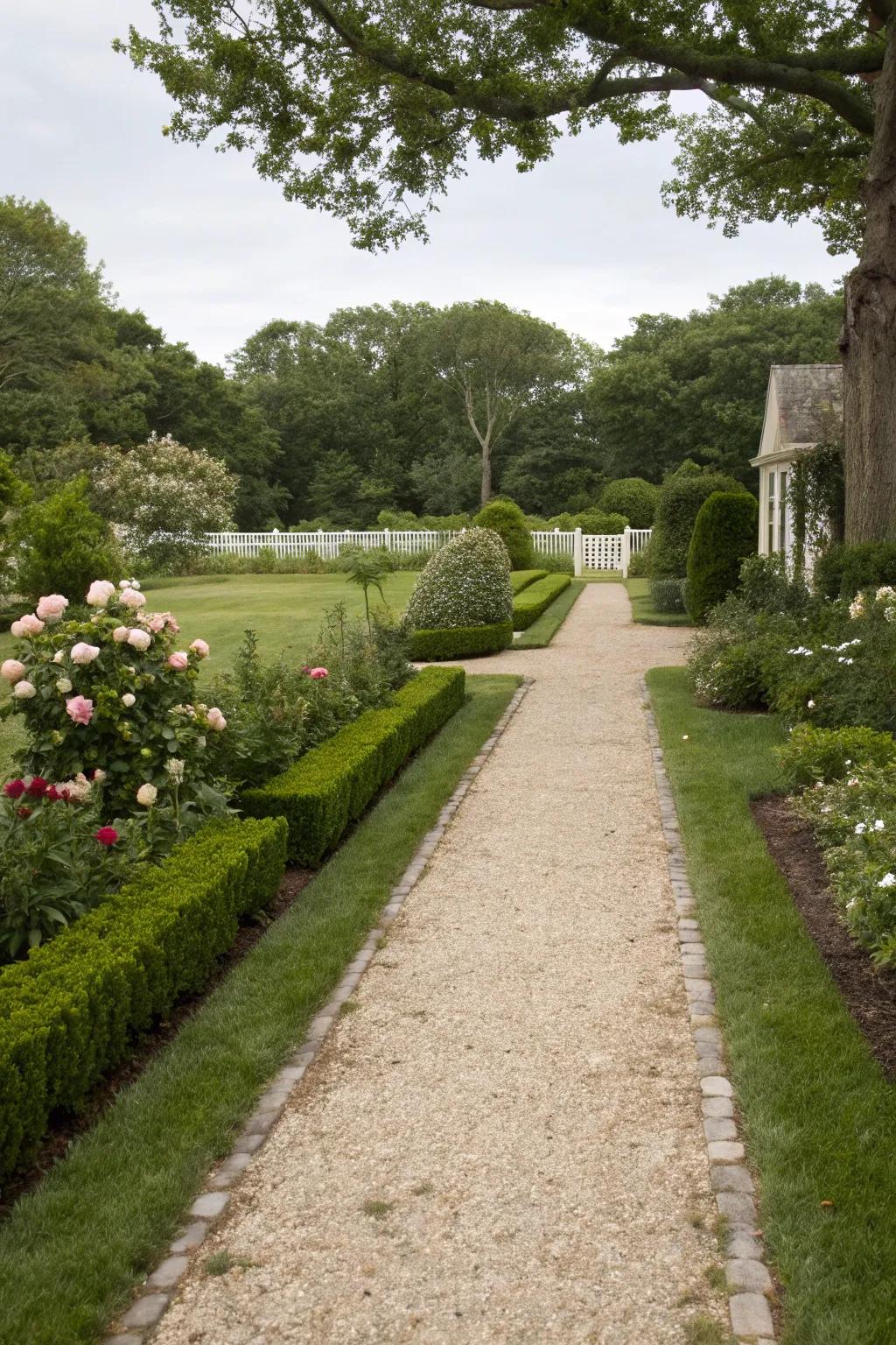 Gravel paths connect front and back yards seamlessly.