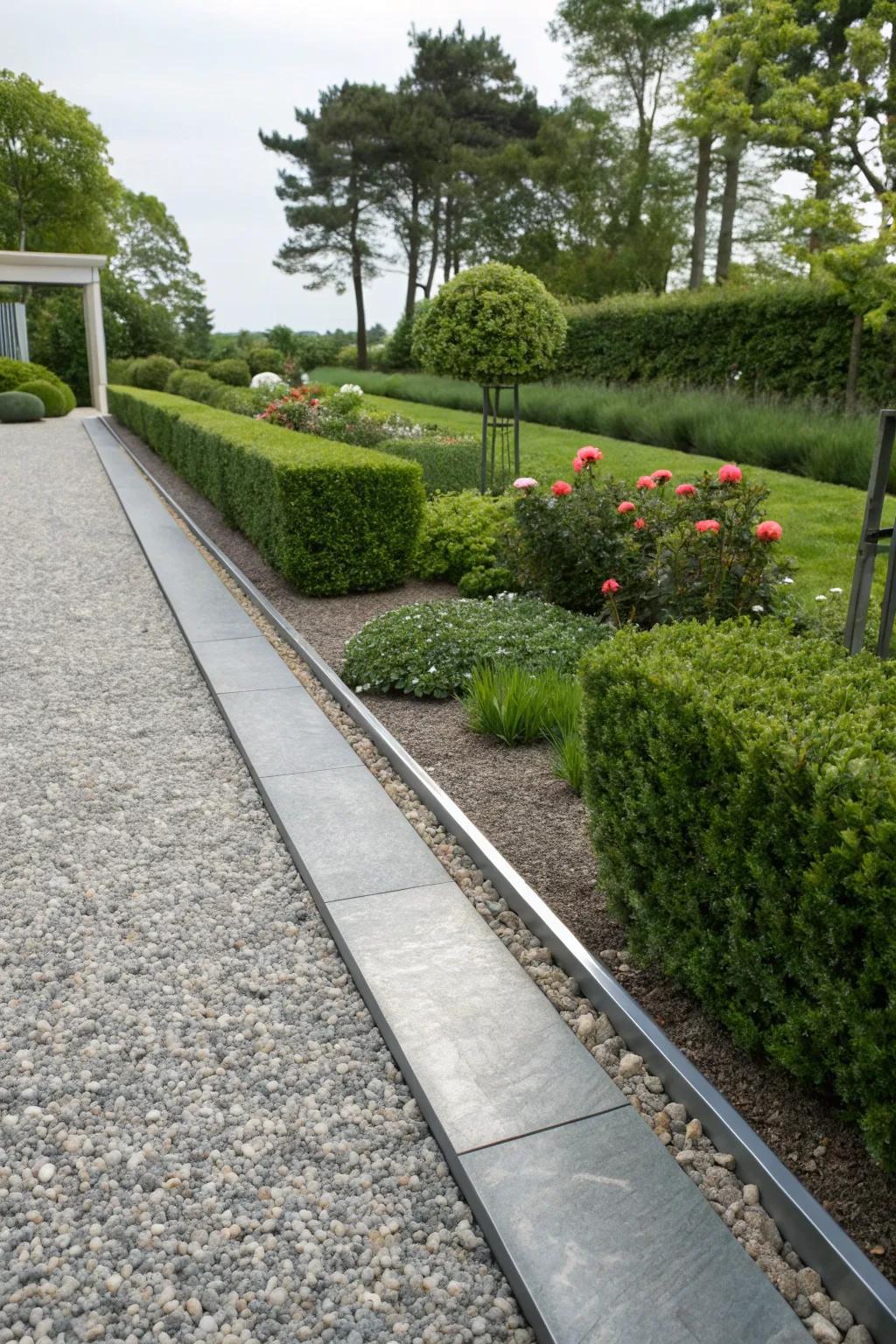 A modern crushed stone path with chic metal trim