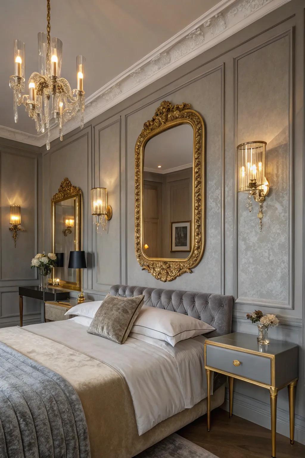 A splendid gray bedroom featuring gilt accents.