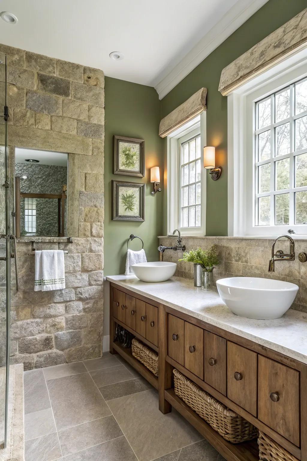 Olive green walls create a spa-like vibe in the bathroom.