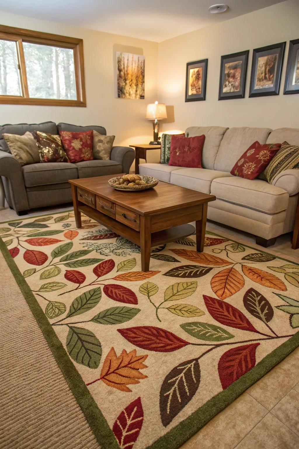 A botanical-patterned floor covering can beautifully ground your area.
