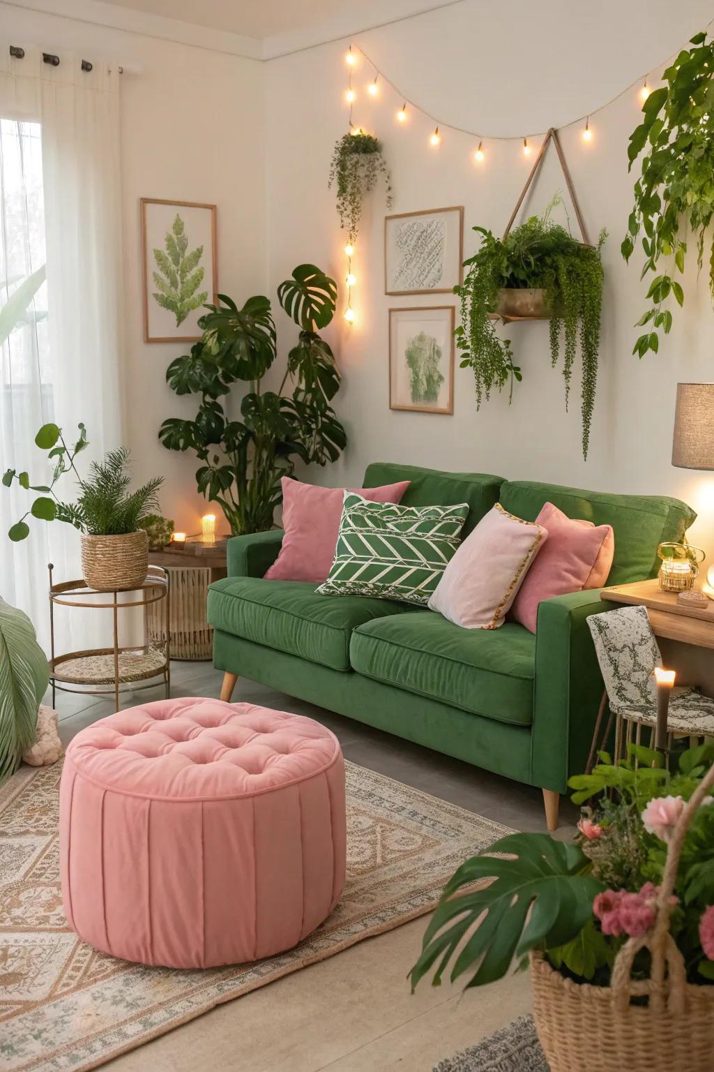 Verdant and rose together forge a vibrant, restful equilibrium.