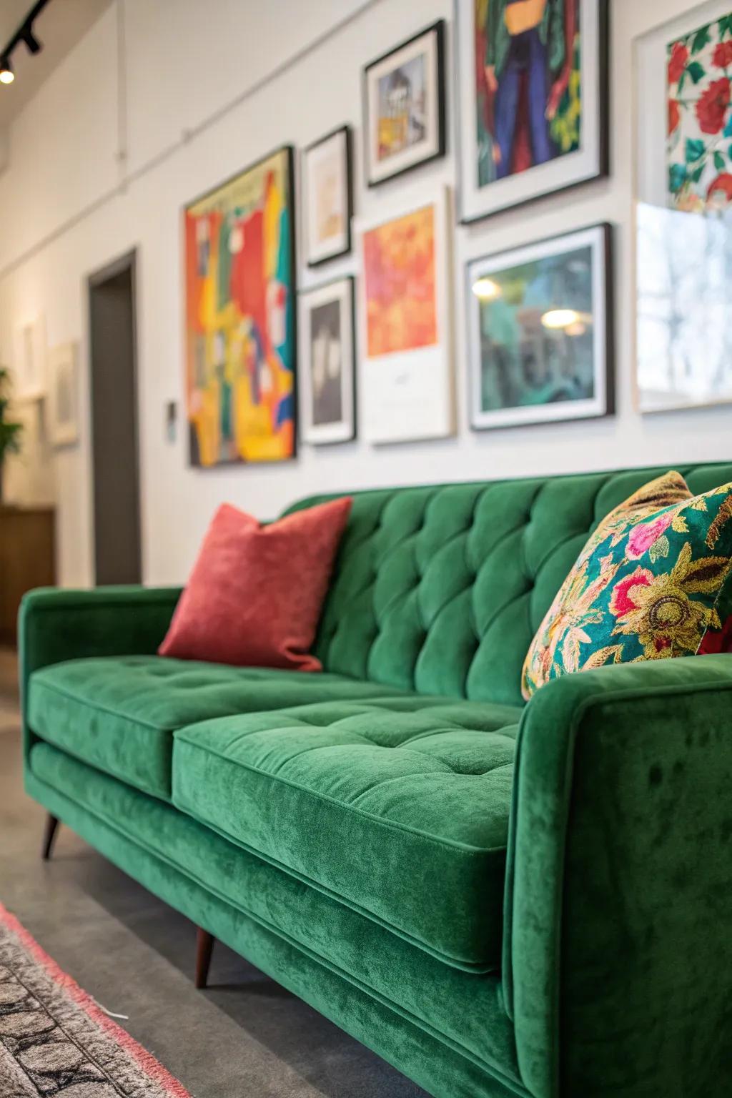 A gallery-esque family room with a verdant plush settee and daring artwork.