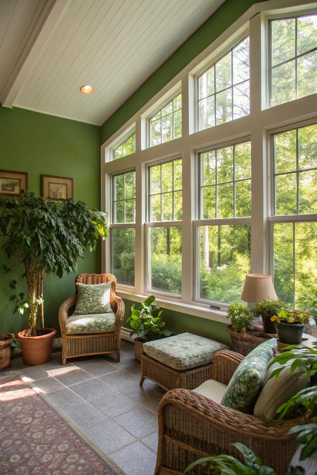 A sunlit space where a green wall flourishes and brightens the ambiance.